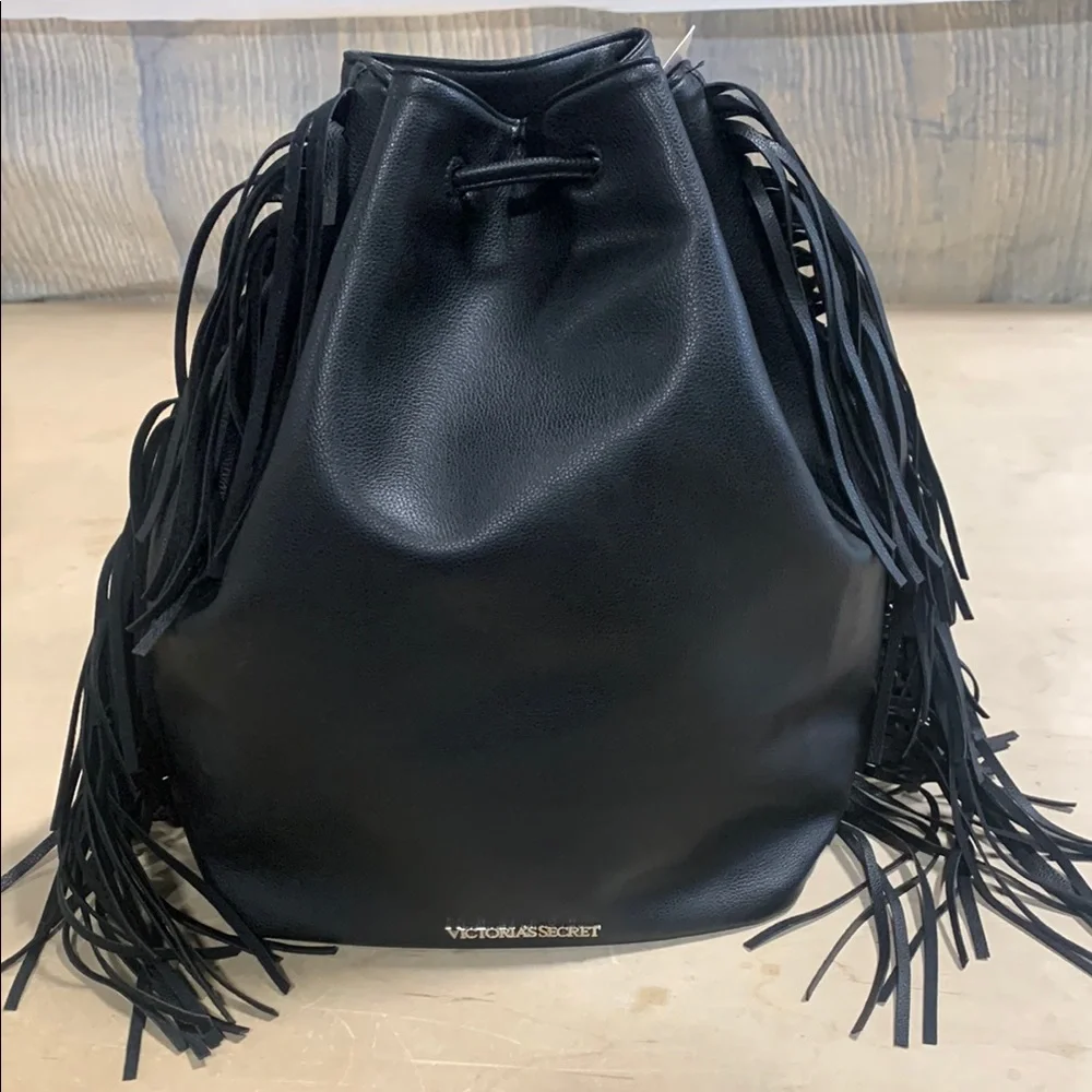 Victoria's Secret Black Leather‎ Style Backpack with Fringe Detailing 5231